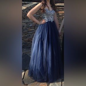 Navy Blue Sequin Top Tulle Skirt Strapless Prom Dress